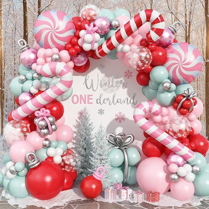 Pastel Pink Christmas Balloon Arch Kit with Candy Cane Balloons for Xmas Party Decor
