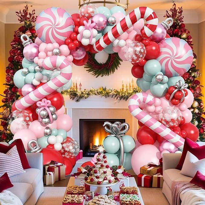 Pastel Pink Christmas Balloon Arch Kit with Candy Cane Balloons for Xmas Party Decor
