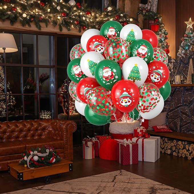 60 Pcs 12 Inch Christmas Balloons Red Green White with Confetti for Party Decor