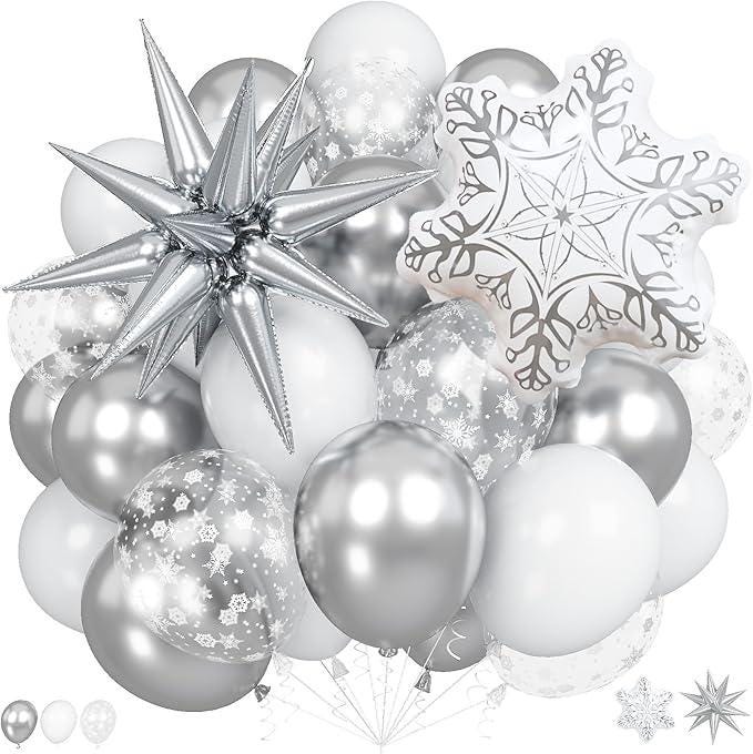 White Silver Snowflake Foil Balloons Set for Christmas Winter Onederland Decorations