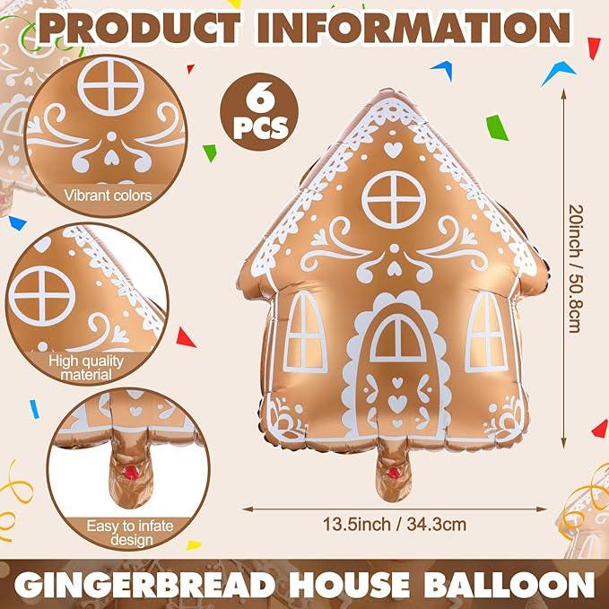 6PCS Gingerbread House Foil Balloons Set for Christmas Holiday Party Decorations