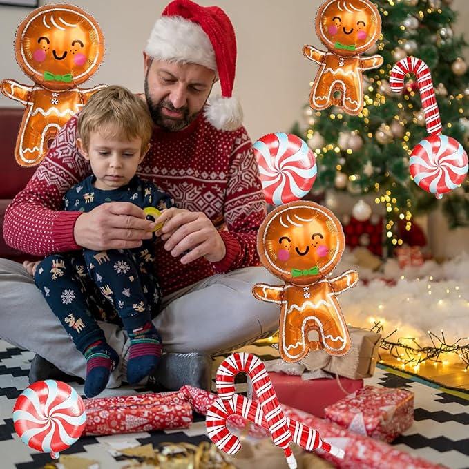 Gingerbread and Candy Cane Foil Balloons Set for Christmas and Holiday Party Decor