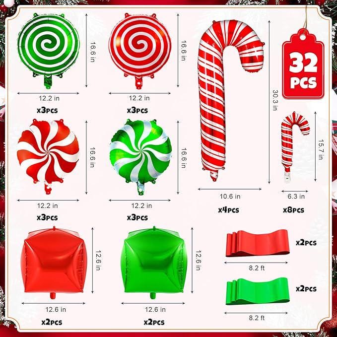 32PCS Candy Cane Swirl Foil Balloons Set for Christmas and Candy Theme Party Decor