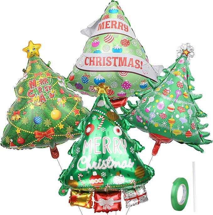 4PCS Christmas Tree Foil Balloons Set for Holiday Party and Xmas Decorations