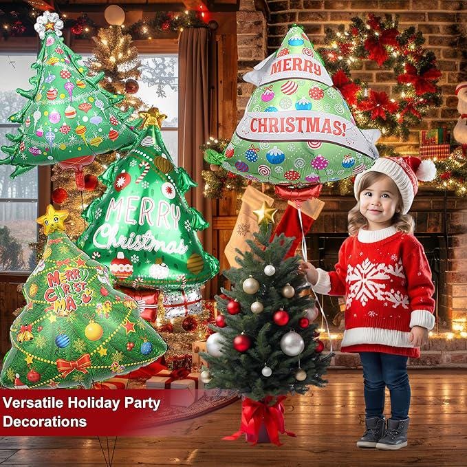 4PCS Christmas Tree Foil Balloons Set for Holiday Party and Xmas Decorations