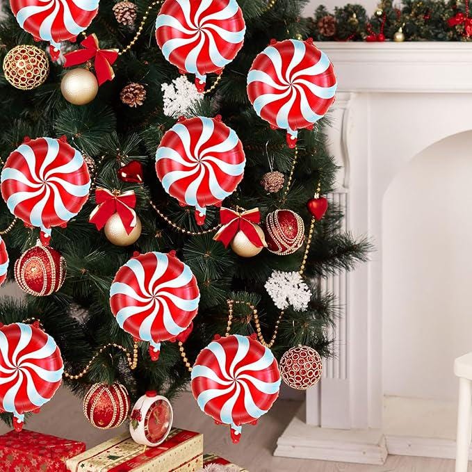 12PCS Red Candy Swirl Foil Balloons Set for Christmas and Candy Theme Party Decor
