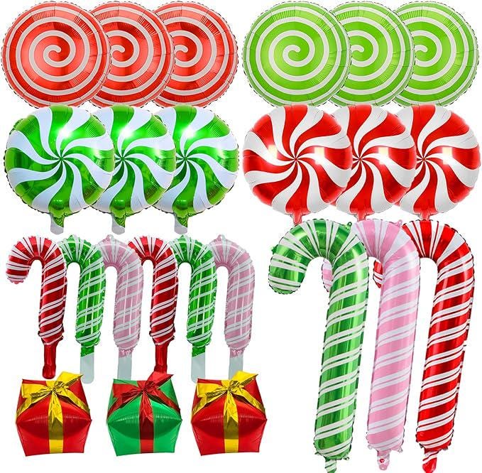 Christmas Foil Balloon Set: 24 Candy Cane, Gift Box Party Decor