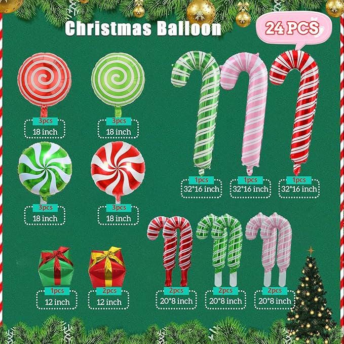 Christmas Foil Balloon Set: 24 Candy Cane, Gift Box Party Decor