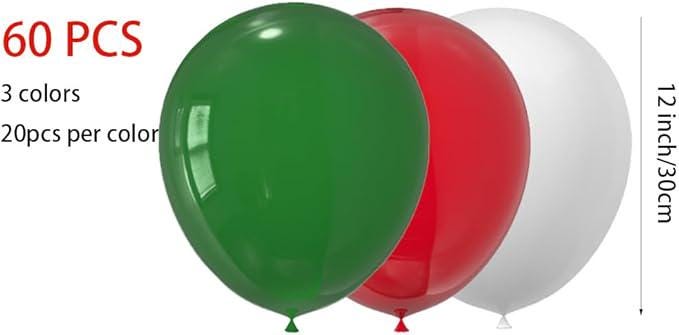60PCS Red Green White Latex Balloons Set for Christmas New Year and Party Decorations