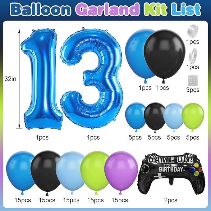 13th Birthday Video Game Balloon Arch Kit ,Blue Number 13 Foil Balloons for Teens