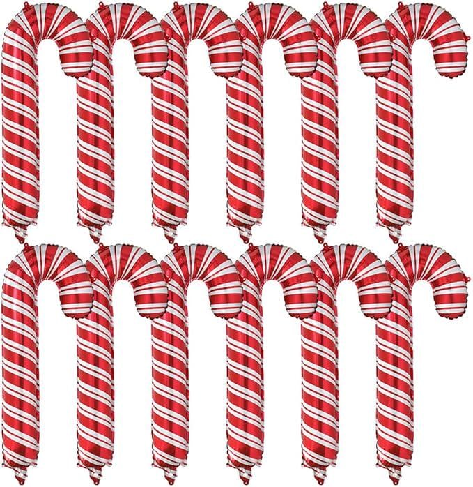 12PCS Large Red Christmas Candy Cane Foil Balloons Set for Holiday Party Decorations