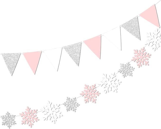 2-Pack Pink and Silver Snowflake Banner Garland for Winter Wonderland Baby Shower Party