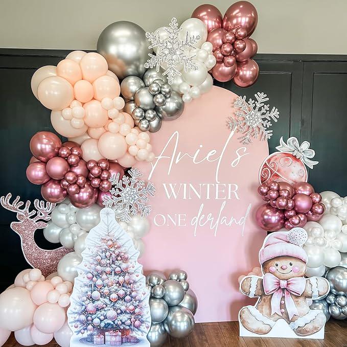 Winter Wonderland Balloon Arch Kit with Pink, Peach, Silver, and Snowflake Balloons for Parties