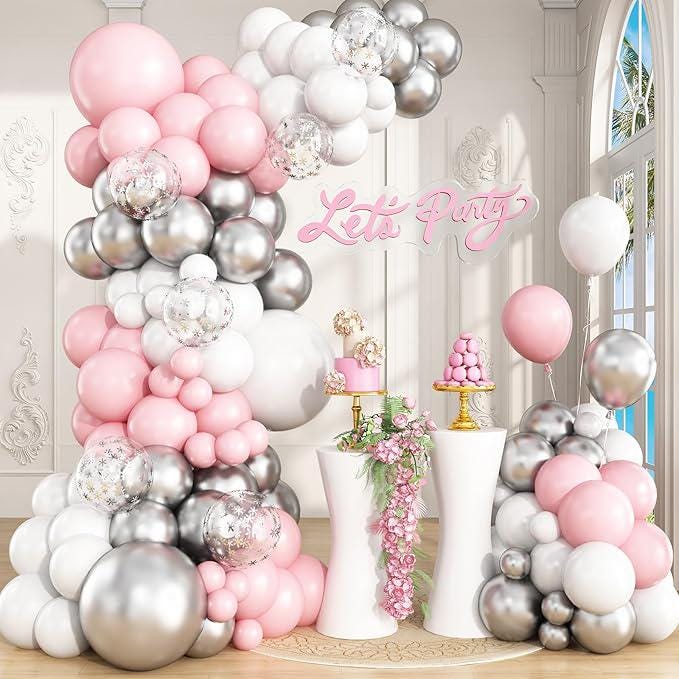 Pink, Silver & White Balloon Arch Kit: Winter Party, Baby Shower
