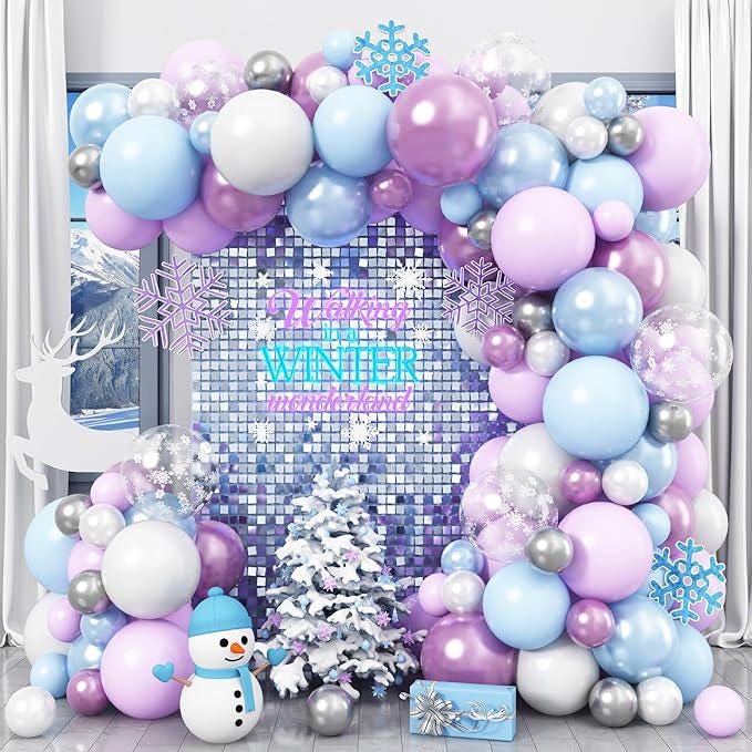 Winter Balloon Arch Kit with 103PCS Purple, Blue, White, Silver Balloons for Holiday Parties
