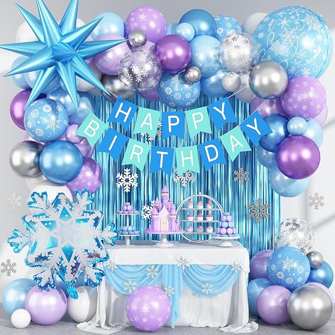 Winter Snowflake Balloon Arch Kit with Blue, Purple, Silver Balloons for Princess Birthday Party