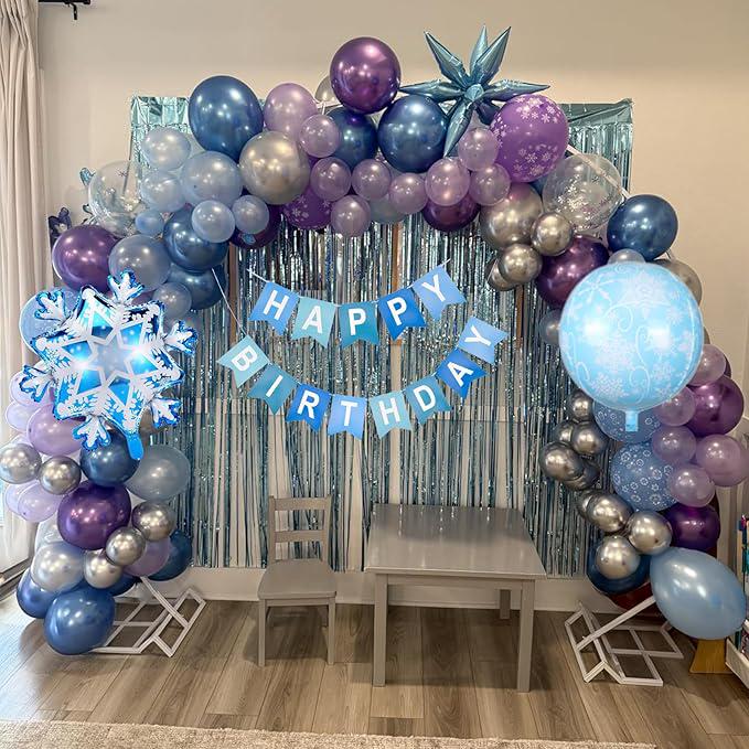 Winter Snowflake Balloon Arch Kit with Blue, Purple, Silver Balloons for Princess Birthday Party