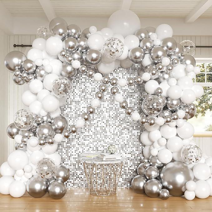 162PCS White and Silver Balloon Arch Kit with Mixed Sizes for Winter Wonderland Parties