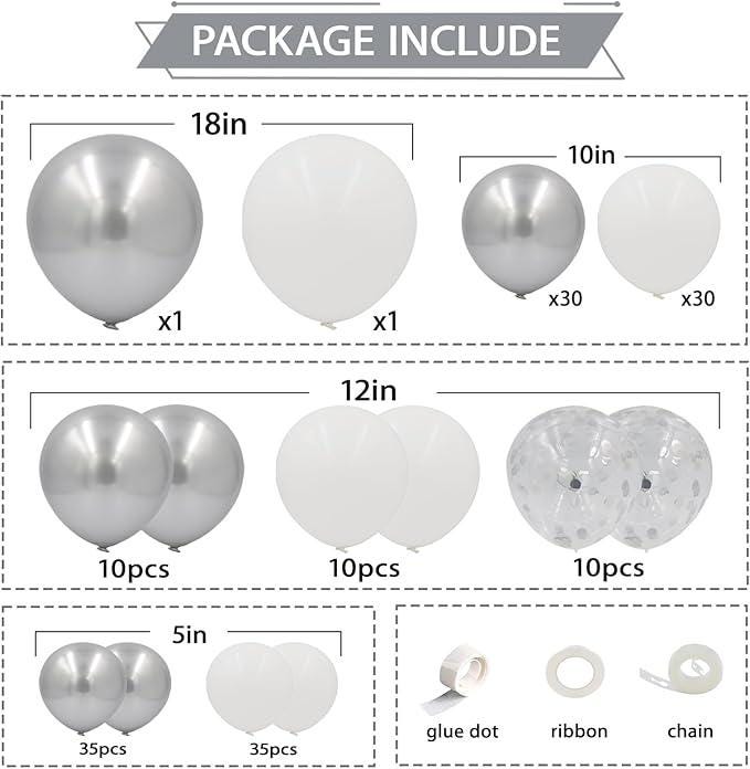 162PCS White and Silver Balloon Arch Kit with Mixed Sizes for Winter Wonderland Parties