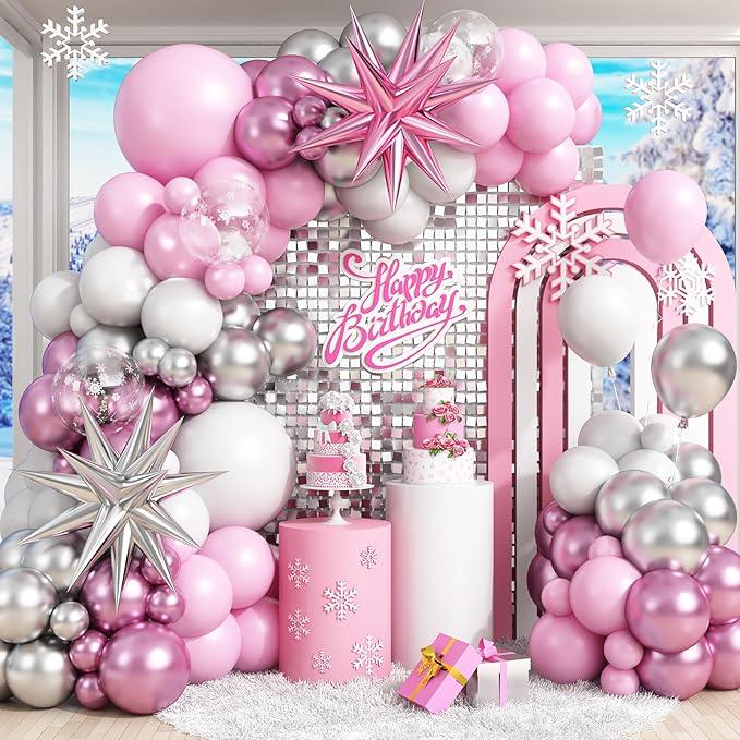 Pink & Silver Snowflake Balloon Arch Kit - Winter Party Garland