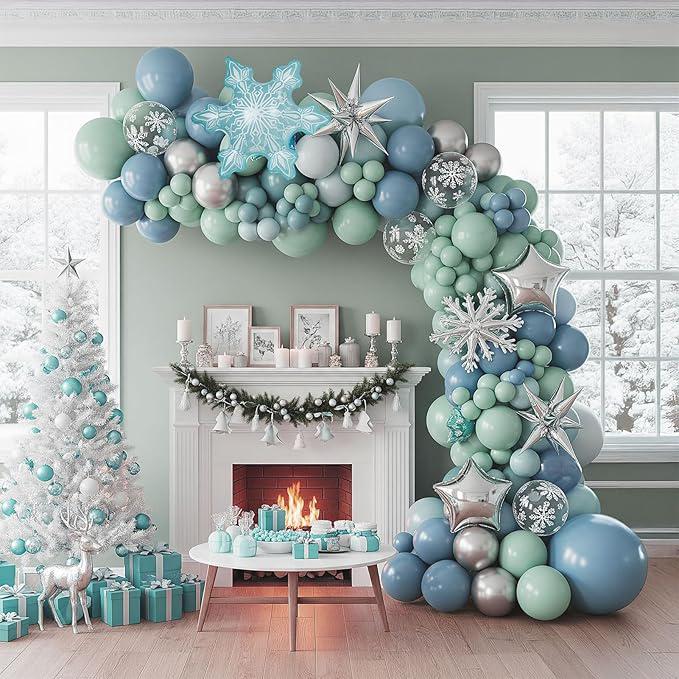 Winter Wonderland Balloon Arch Kit with Dusty Blue Green Silver Balloons and Snowflakes