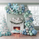 Winter Wonderland Balloon Arch Kit with Dusty Blue Green Silver Balloons and Snowflakes