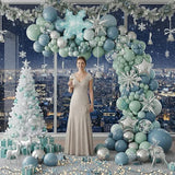 Winter Wonderland Balloon Arch Kit with Dusty Blue Green Silver Balloons and Snowflakes