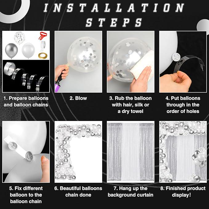 137PCS White Silver Balloon Arch Kit with Sequin Backdrop for Winter Party Decorations