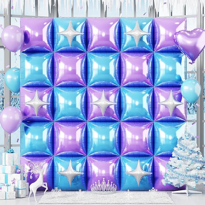 32PCS Blue Purple Foil Balloon Wall with Star Balloons for Frozen Winter Birthday Party