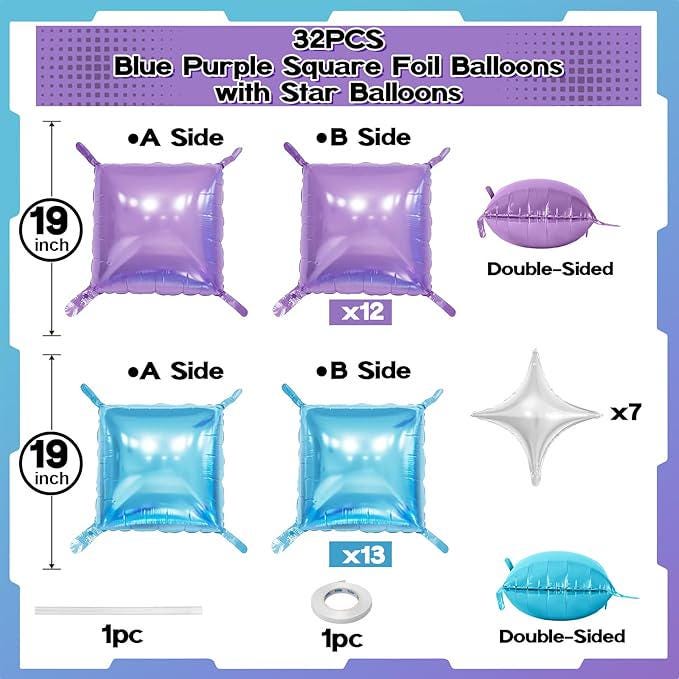 32PCS Blue Purple Foil Balloon Wall with Star Balloons for Frozen Winter Birthday Party