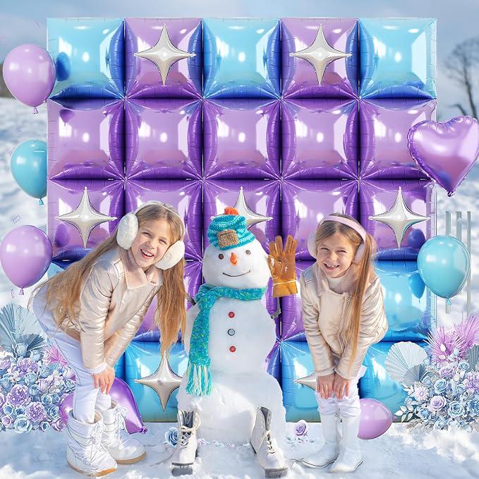 32PCS Blue Purple Foil Balloon Wall with Star Balloons for Frozen Winter Birthday Party