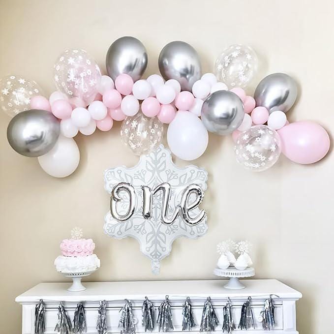 Pink White Silver Snowflake Balloon Kit for Winter Wonderland Girls Party Decor