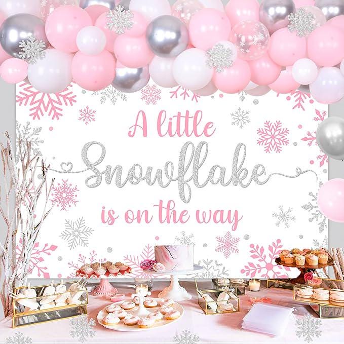 Winter Baby Shower Balloon Arch Kit with Pink White Silver Snowflakes for Girls Party