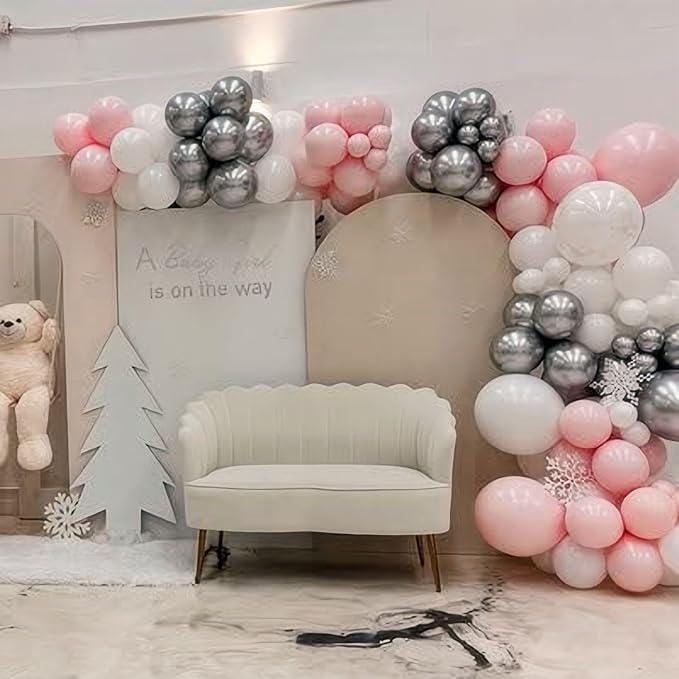 Pink White Snowflake Balloon Arch with Silver and Clear Balloons for Winter Birthday Party