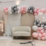 Pink White Snowflake Balloon Arch with Silver and Clear Balloons for Winter Birthday Party