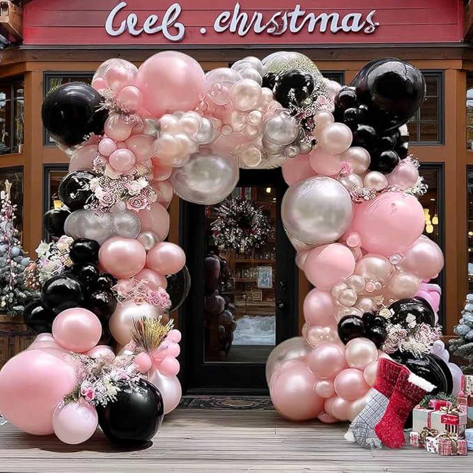 Pearl Pink Black Balloon Arch Kit with Blush Silver Balloons for Winter Party Decor