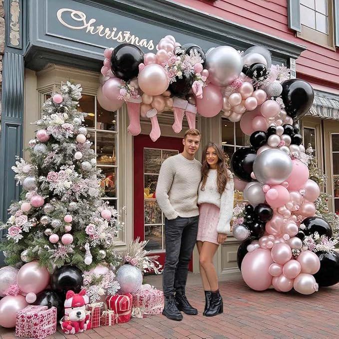 Pearl Pink Black Balloon Arch Kit with Blush Silver Balloons for Winter Party Decor