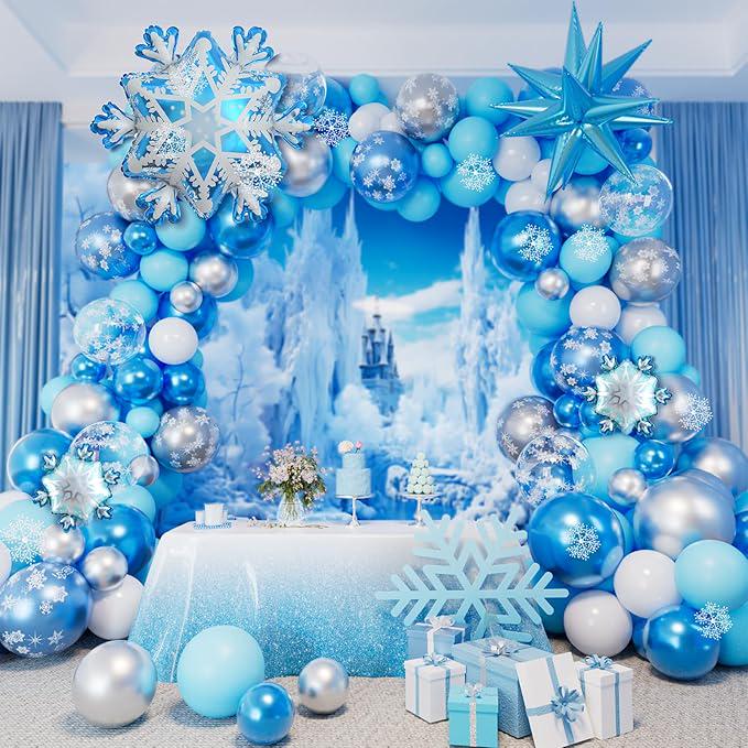 142PCS Frozen Balloon Arch Kit with Silver Blue Snowflake Balloons for Winter Birthday Party