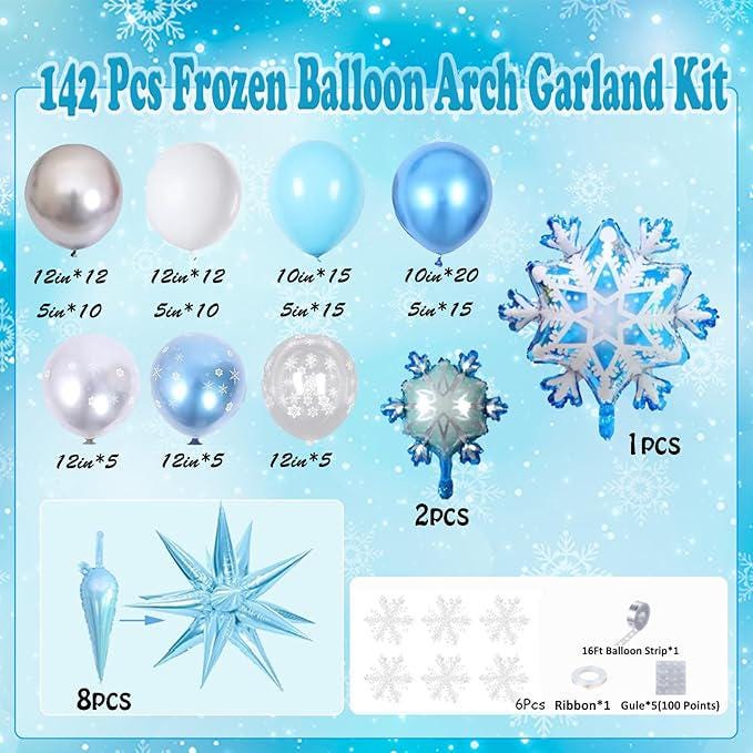 142PCS Frozen Balloon Arch Kit with Silver Blue Snowflake Balloons for Winter Birthday Party