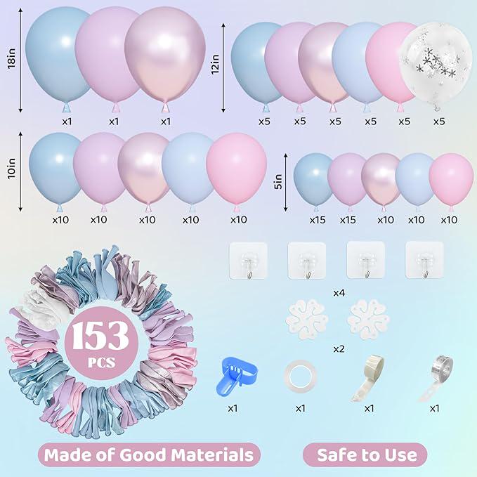 153PCS Pink Purple Blue Balloon Arch Kit with Metallic Pastel Balloons for Princess Party