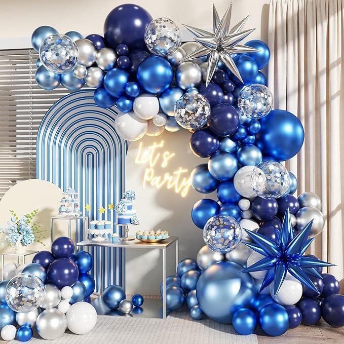Blue & Silver Balloon Arch Kit: 140-Piece Birthday Wedding Decor