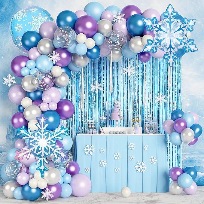 Snowflake Balloon Arch Kit with Blue Purple White Silver Balloons for Frozen Winter Birthday