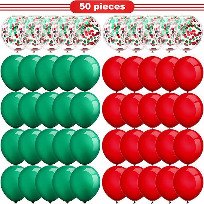 50pcs Red and Green Christmas Balloons 12 Inch Confetti Party Decorations