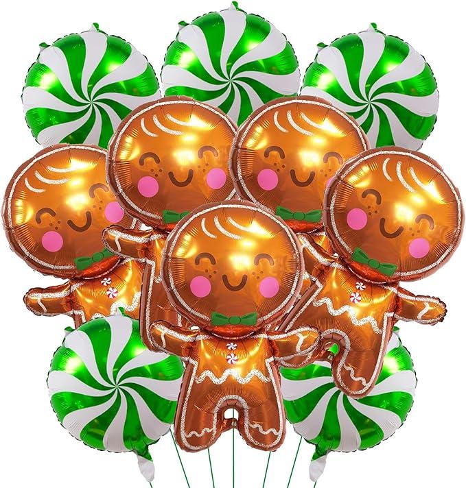 10pcs Gingerbread and Green Candy Cane Balloons for Christmas Decorations