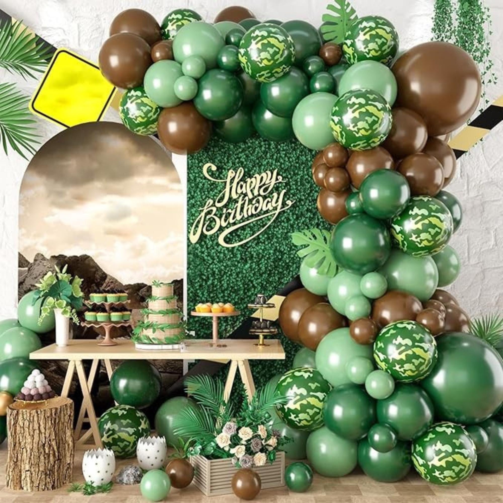 Dinosaur Balloon Arch Kit with Green Brown Forest Print Balloons for Boys Party