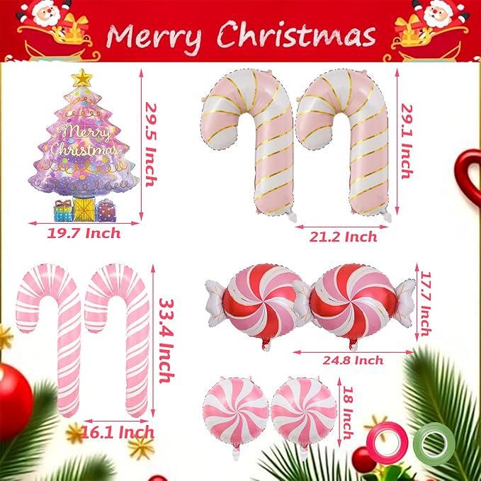 9 PCS Christmas Balloons Set Pink Candy Cane Tree Pinwheel Foil Balloons Decor