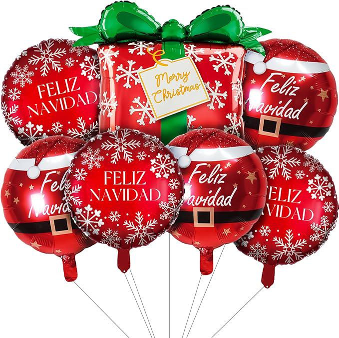 7 PCS Christmas Balloons Set Red Snowflake Box Hat Sphere Foil Party Decor