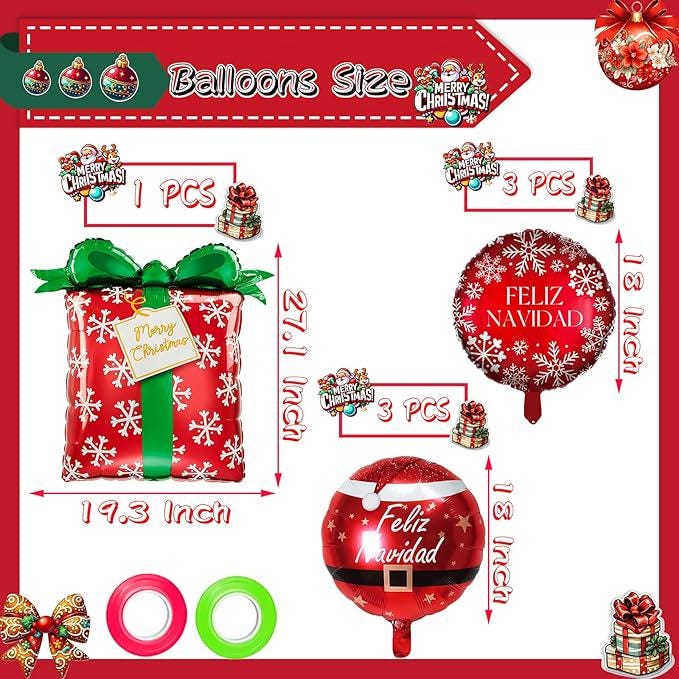 7 PCS Christmas Balloons Set Red Snowflake Box Hat Sphere Foil Party Decor