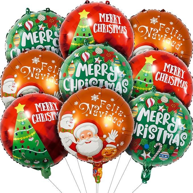 9 PCS Christmas Balloons Set Green Red Brown Round Foil Ball Party Decorations