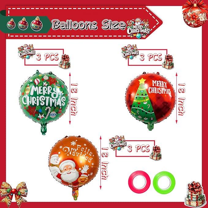 9 PCS Christmas Balloons Set Green Red Brown Round Foil Ball Party Decorations